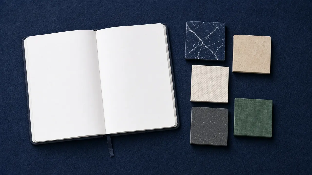 Open unmarked notebook on navy felt beside a short gold rail of tiles