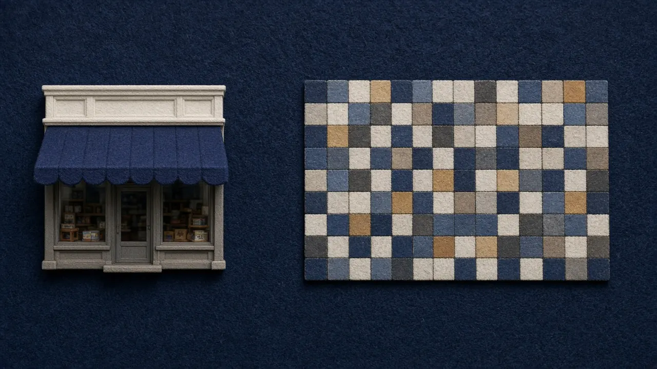 Navy tile field under an All Game tab, a store shelf standing in another room