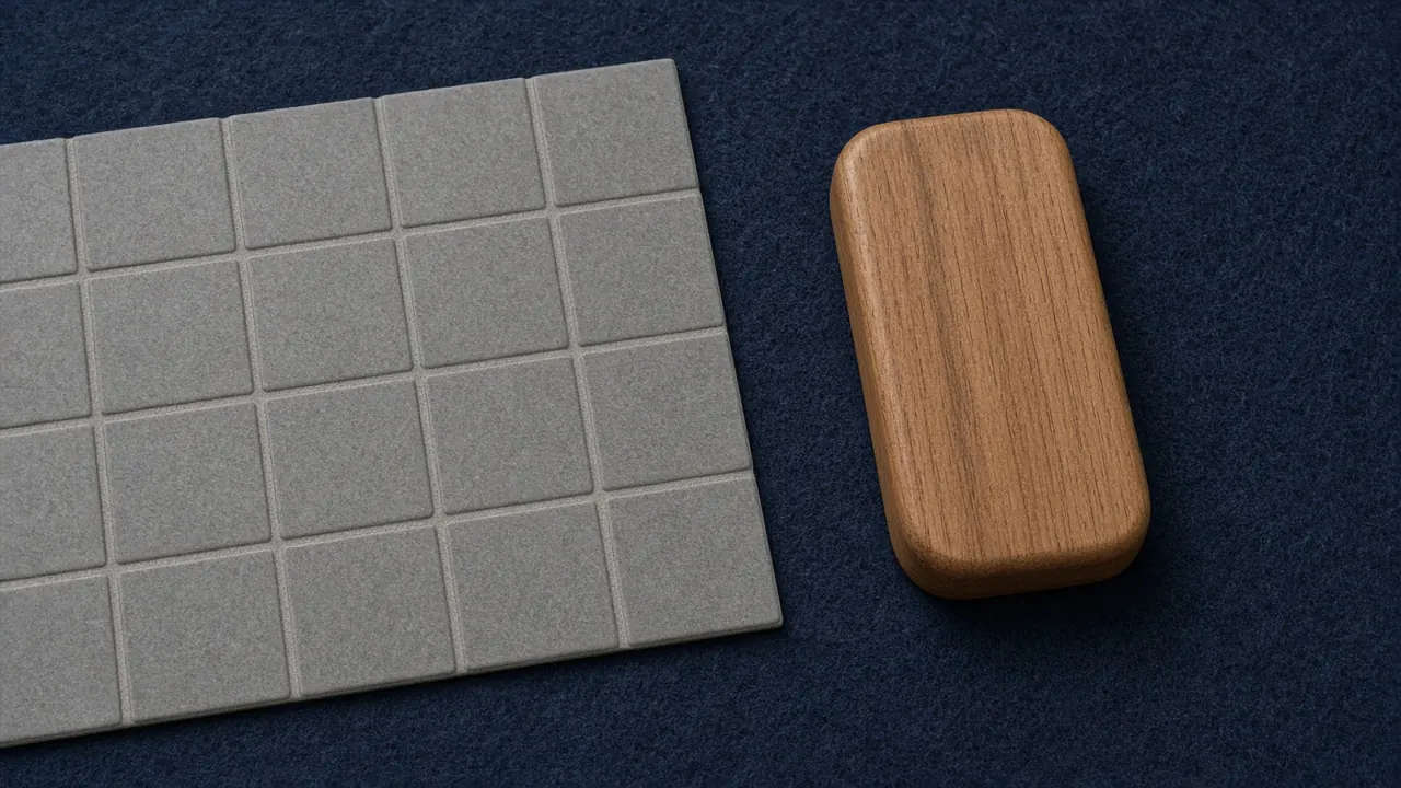 Phone frame around a navy tile grid, listing card pushed to the edge