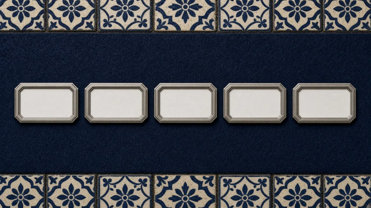 Five unmarked brass pens in a row beside a navy tile field