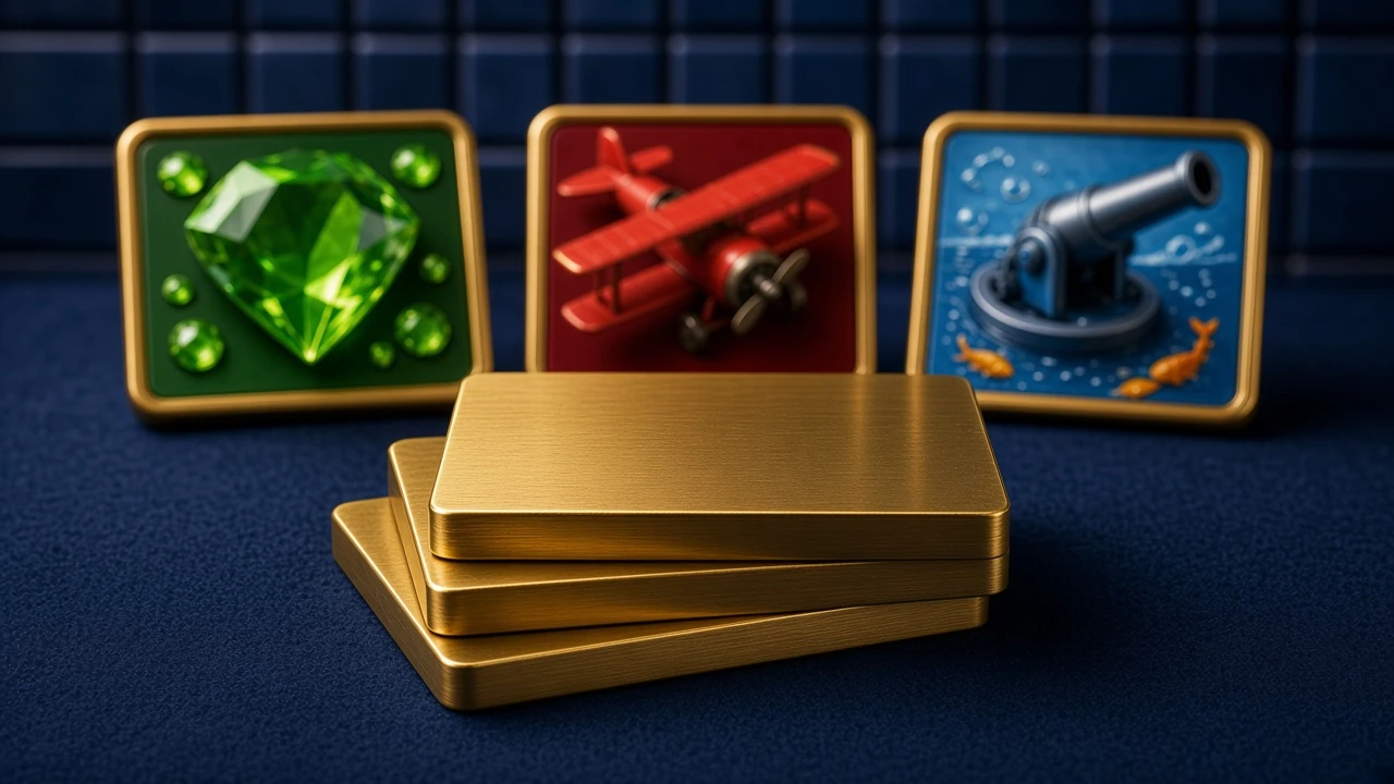 Three stacked gold plates, top plate stamped 500 percent, lobby tiles behind