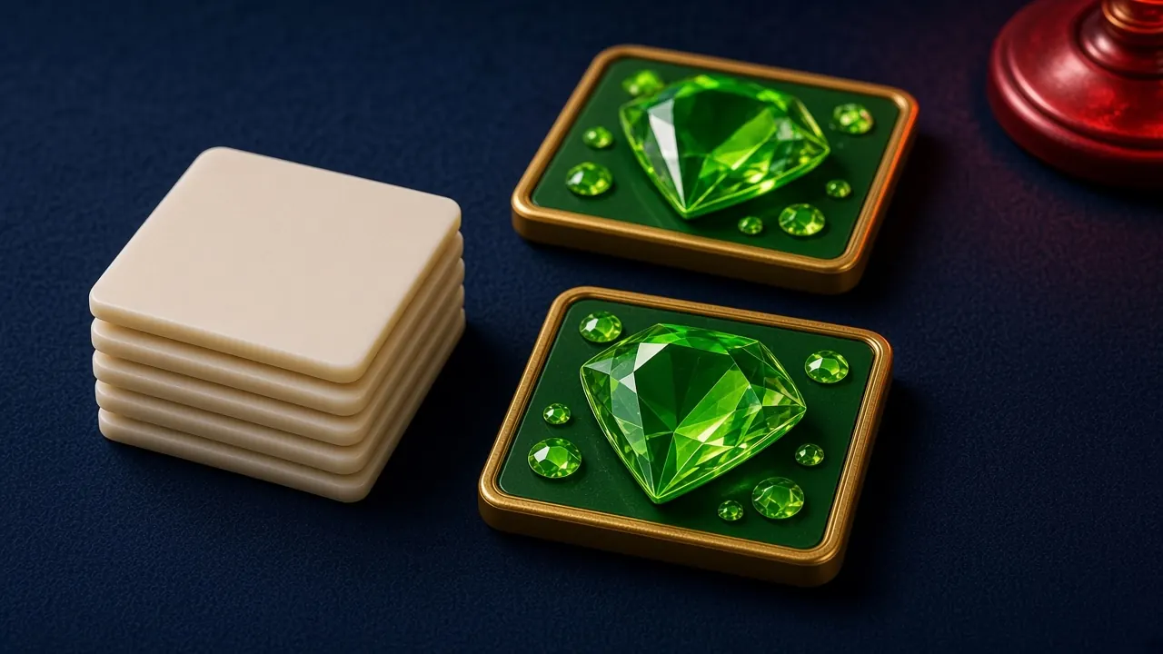Pale cream chips stacked beside a green jewel tile on navy felt