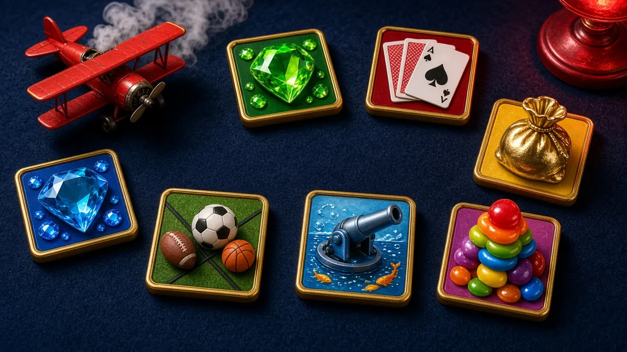 Navy felt table packed with gold-edged square game tiles beside a short category rail