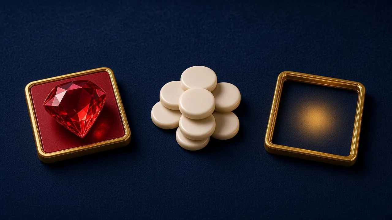 Red diamond tile, cream discs, and empty gold frame in a tap row on navy felt