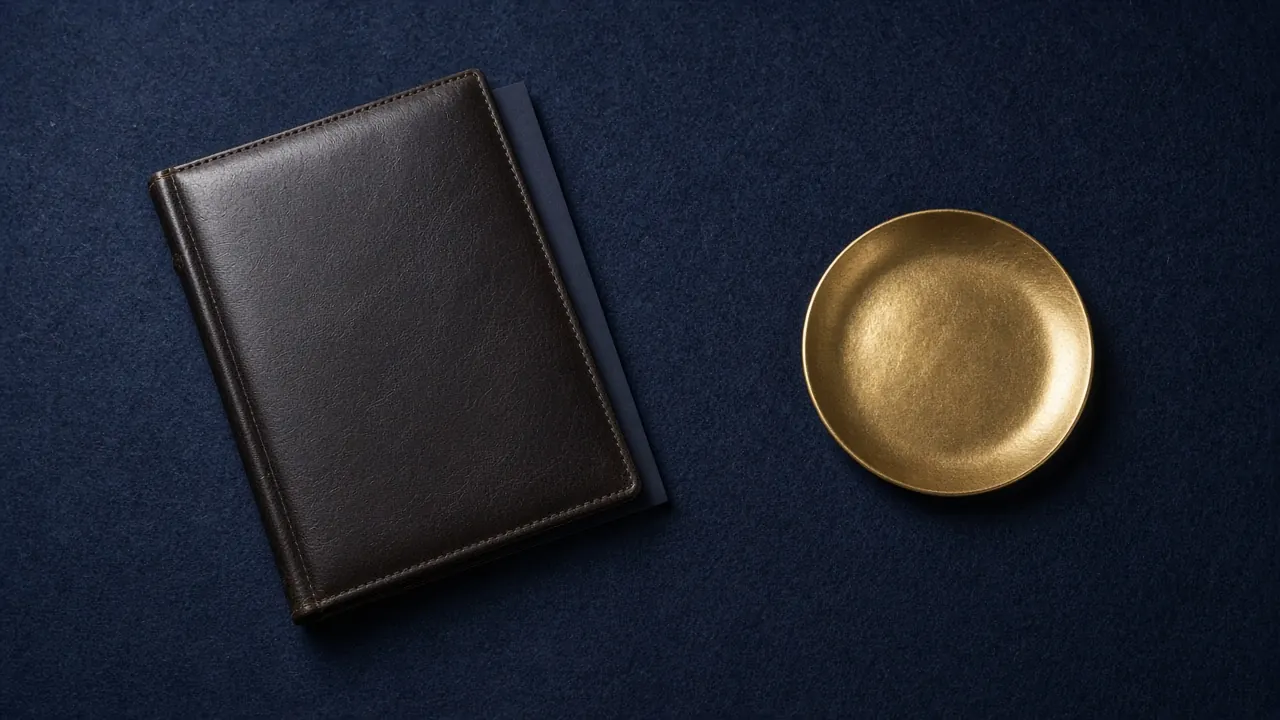 Closed unmarked envelope on navy felt beside a quiet gold tile