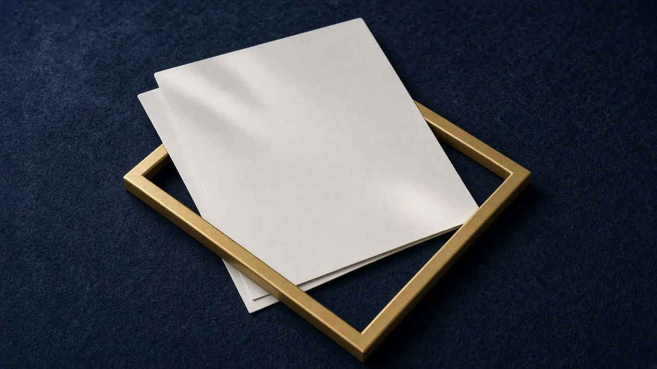 Plain folded paper on navy felt beside a gold tile bezel