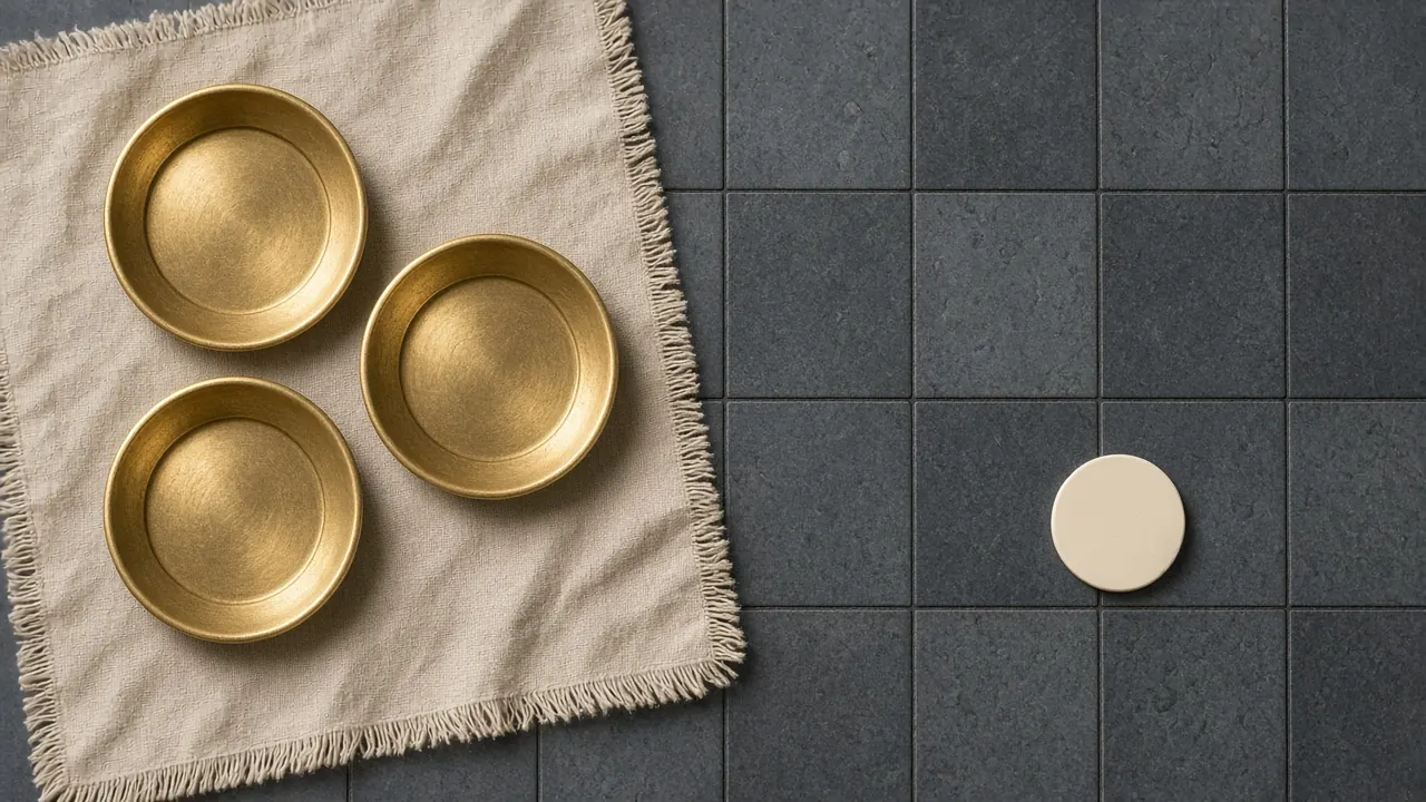 Four small gold plates showing chunk sizes beside a closed till on navy felt